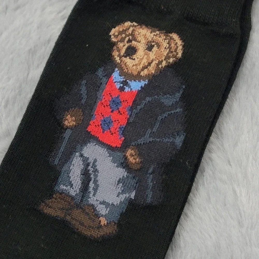 Polo Ralph Lauren Socks Mens 10-13 Black Preppy Dad Bear Mid Calf Cotton Blend